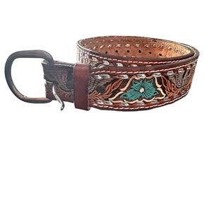 VTG Mallory Hand-Tooled Leather Belt with Floral and Eagle Design, Size 32